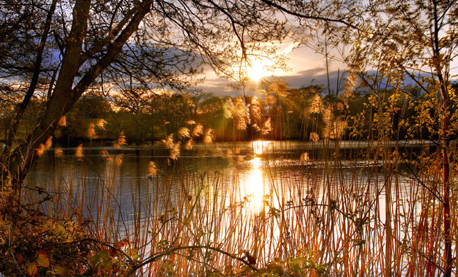 Evening falls over Redesmere in Siddington, Cheshire